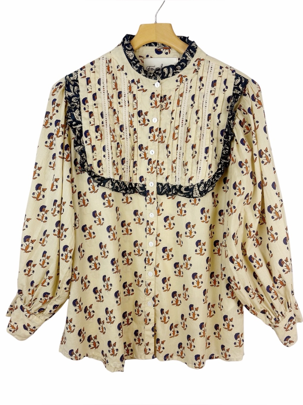 Fox & Hen High Ruffle Neck Pleated Long Sleeve Floral Shirt Size Large